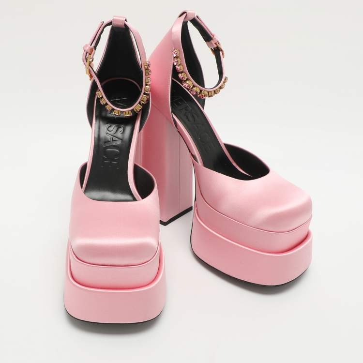 Pre Owned Versace Aevitas Size 37 Pink Satin Crystal Embellished Ankle Strap Platform Pumps