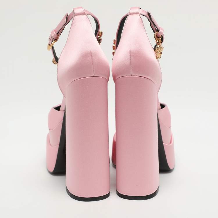 Pre Owned Versace Aevitas Size 37 Pink Satin Crystal Embellished Ankle Strap Platform Pumps
