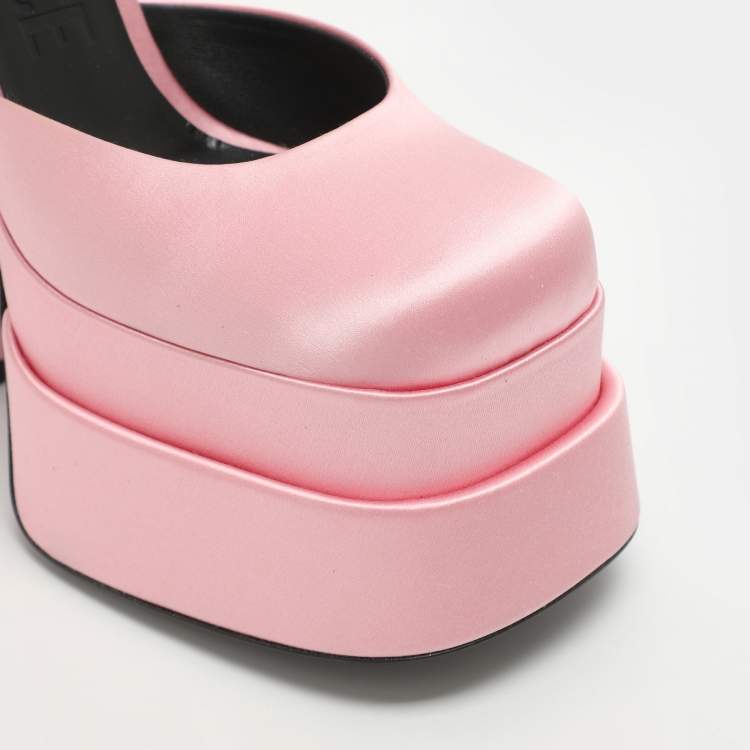 Pre Owned Versace Aevitas Size 37 Pink Satin Crystal Embellished Ankle Strap Platform Pumps