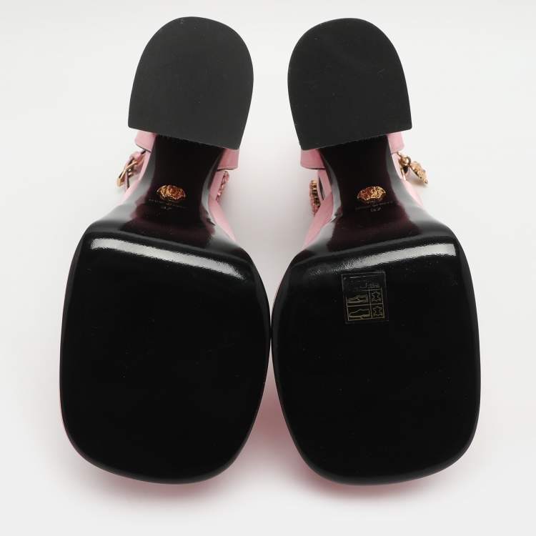 Pre Owned Versace Aevitas Size 37 Pink Satin Crystal Embellished Ankle Strap Platform Pumps