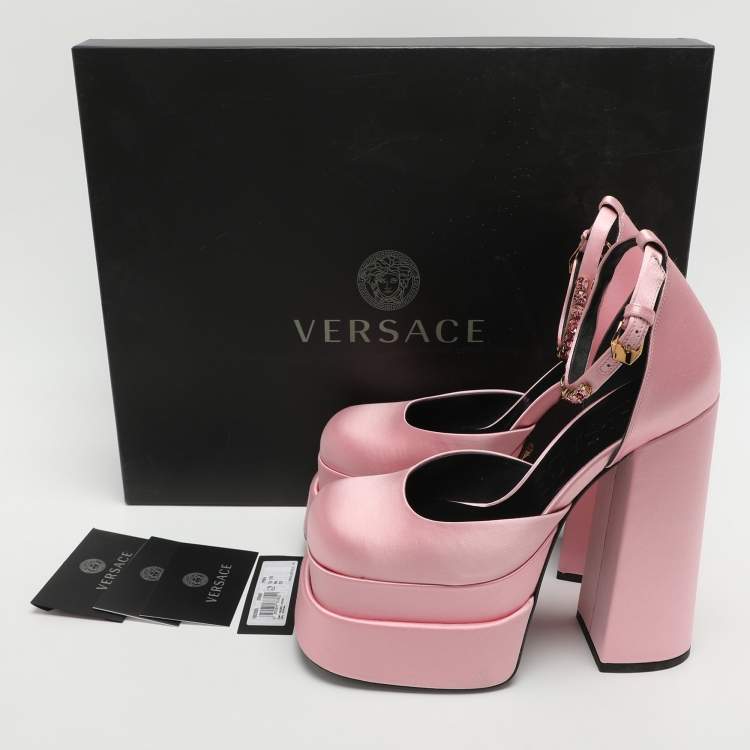 Pre Owned Versace Aevitas Size 37 Pink Satin Crystal Embellished Ankle Strap Platform Pumps