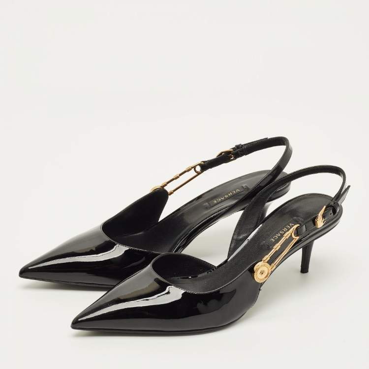 Pre Owned Versace Safety Pin Size 41 Black Patent Leather Pumps
