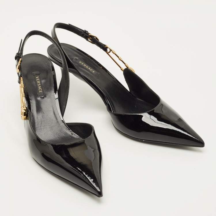 Pre Owned Versace Safety Pin Size 41 Black Patent Leather Pumps