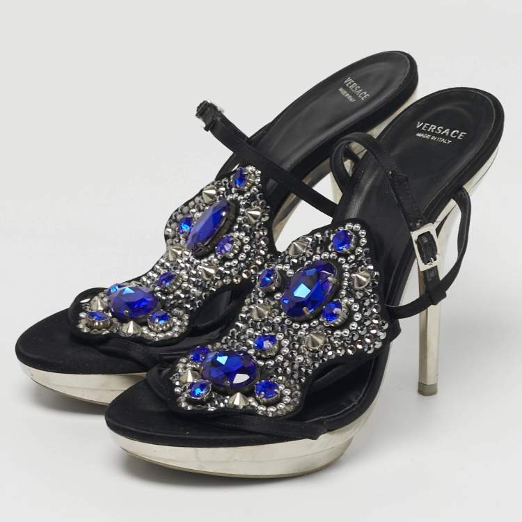 Pre Owned Versace Size 38 Black Satin Crystal Embellished Slingback Sandals