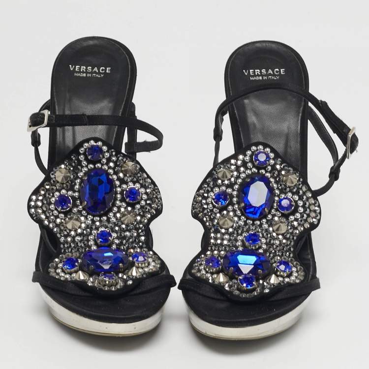 Pre Owned Versace Size 38 Black Satin Crystal Embellished Slingback Sandals