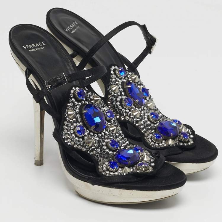 Pre Owned Versace Size 38 Black Satin Crystal Embellished Slingback Sandals