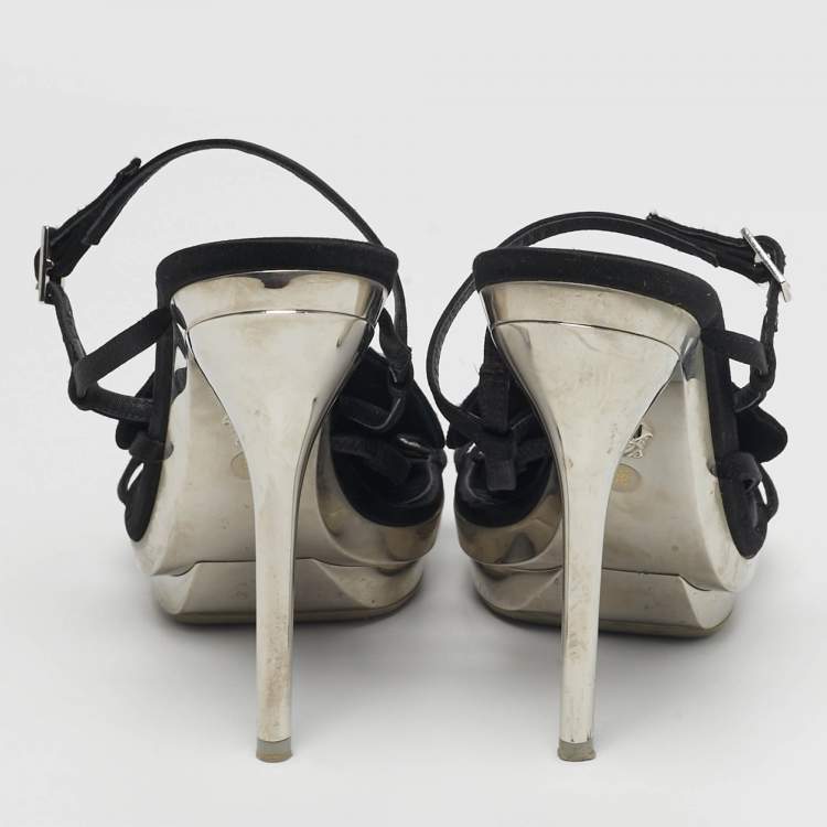 Pre Owned Versace Size 38 Black Satin Crystal Embellished Slingback Sandals