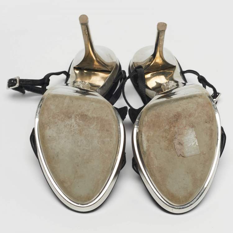 Pre Owned Versace Size 38 Black Satin Crystal Embellished Slingback Sandals