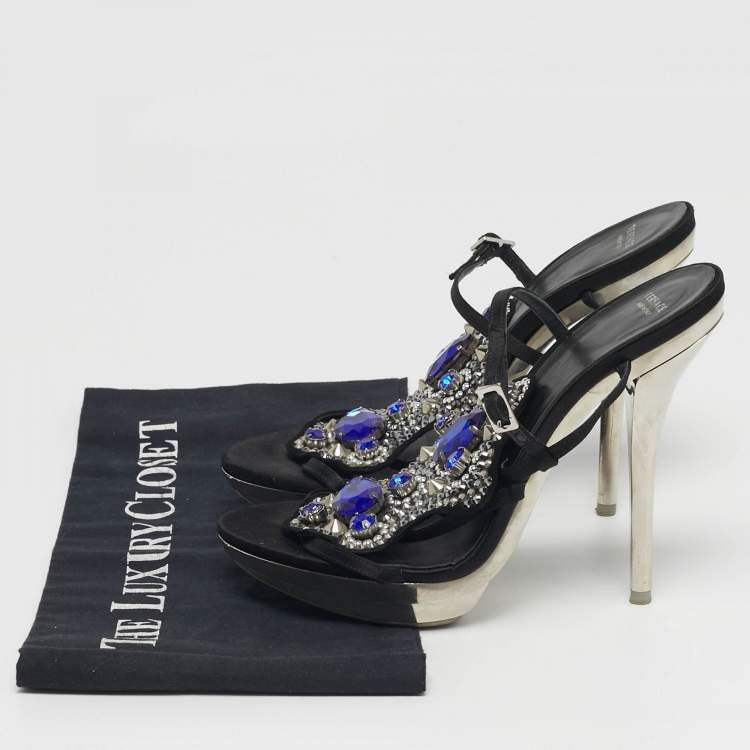 Pre Owned Versace Size 38 Black Satin Crystal Embellished Slingback Sandals
