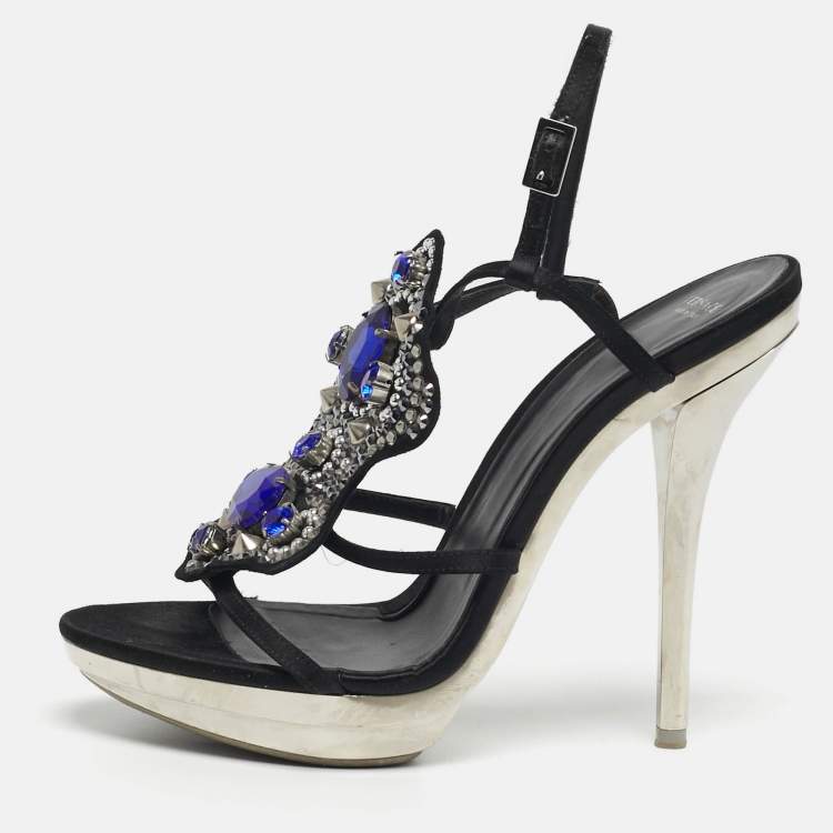Pre Owned Versace Size 38 Black Satin Crystal Embellished Slingback Sandals
