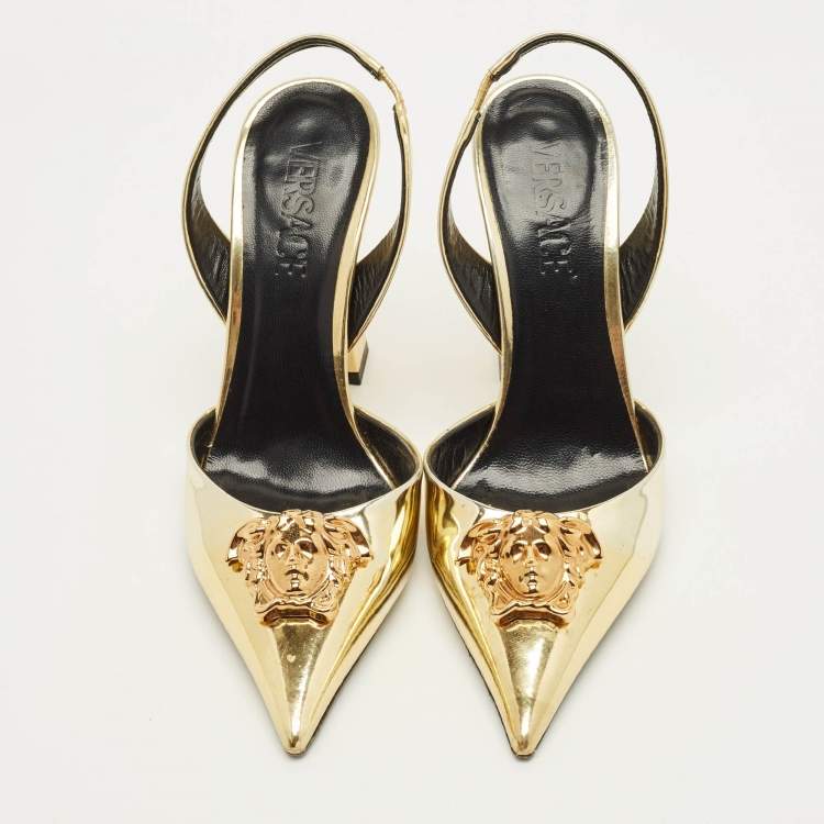 Pre Owned Versace La Medusa Size 37 Gold Leather Slingback Pumps