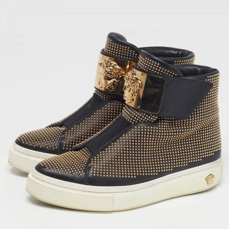 Pre Owned Versace Medusa Size 36 Black Leather Studded High Top Sneakers