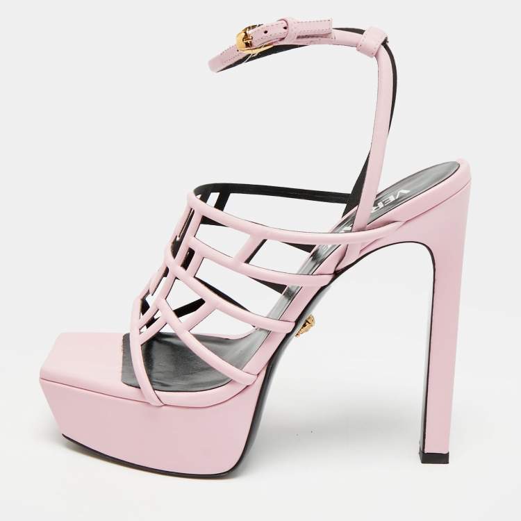 Pre Owned Versace Greca Size 39 Light Pink Leather Maze La Medusa Platform Sandals
