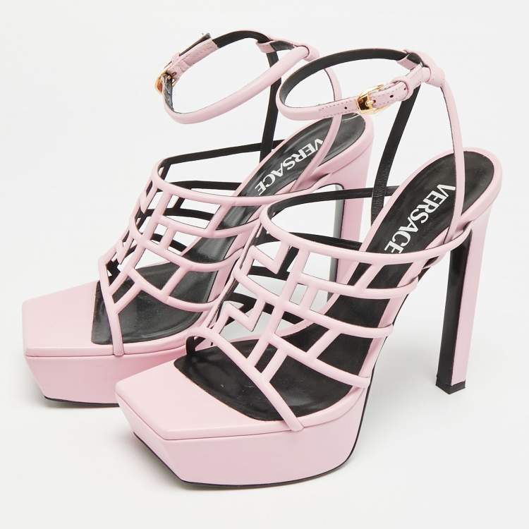 Pre Owned Versace Greca Size 39 Light Pink Leather Maze La Medusa Platform Sandals