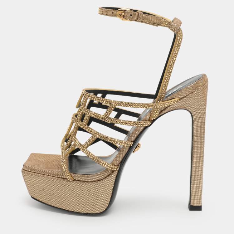 Pre Owned Versace Greca Maze Size 38 Gold Leather and Rhinestone Platform Sandals