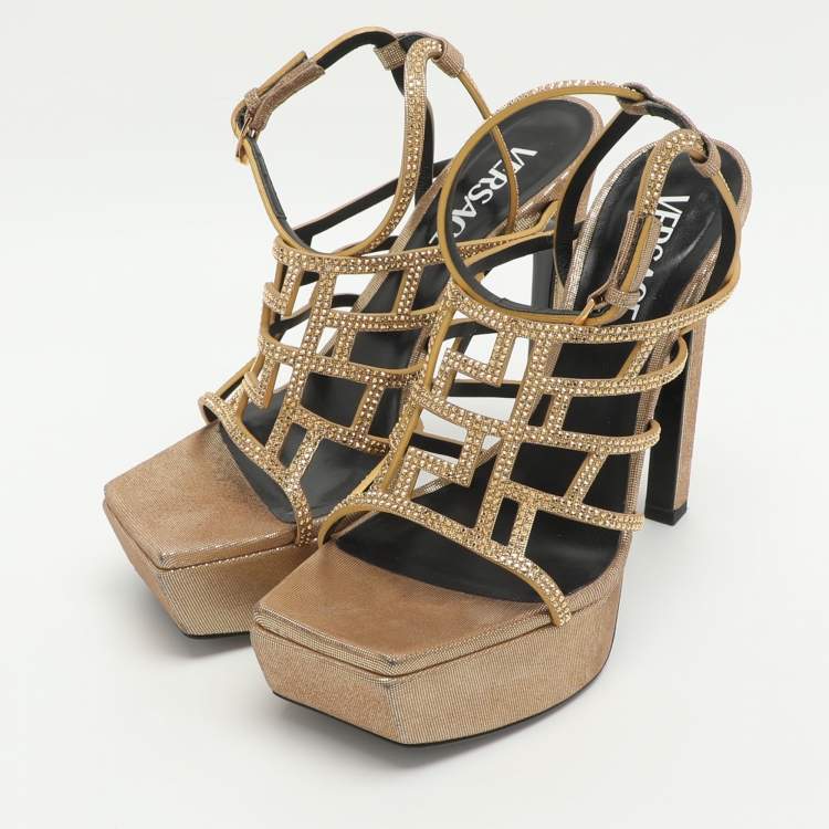 Pre Owned Versace Greca Maze Size 38 Gold Leather and Rhinestone Platform Sandals
