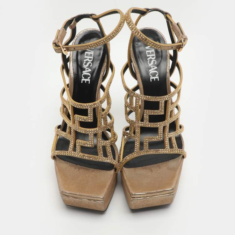 Pre Owned Versace Greca Maze Size 38 Gold Leather and Rhinestone Platform Sandals