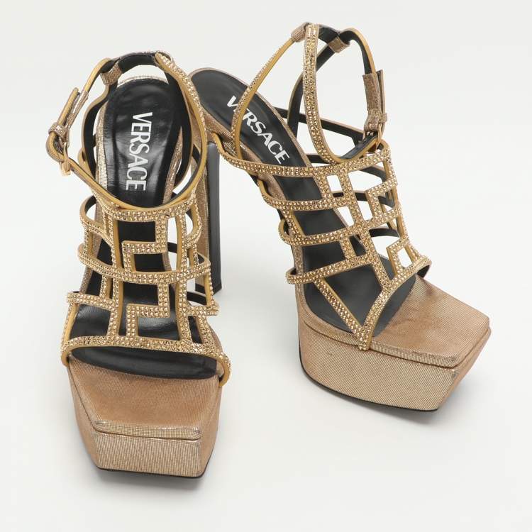 Pre Owned Versace Greca Maze Size 38 Gold Leather and Rhinestone Platform Sandals