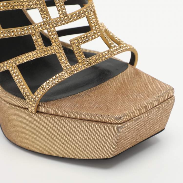 Pre Owned Versace Greca Maze Size 38 Gold Leather and Rhinestone Platform Sandals