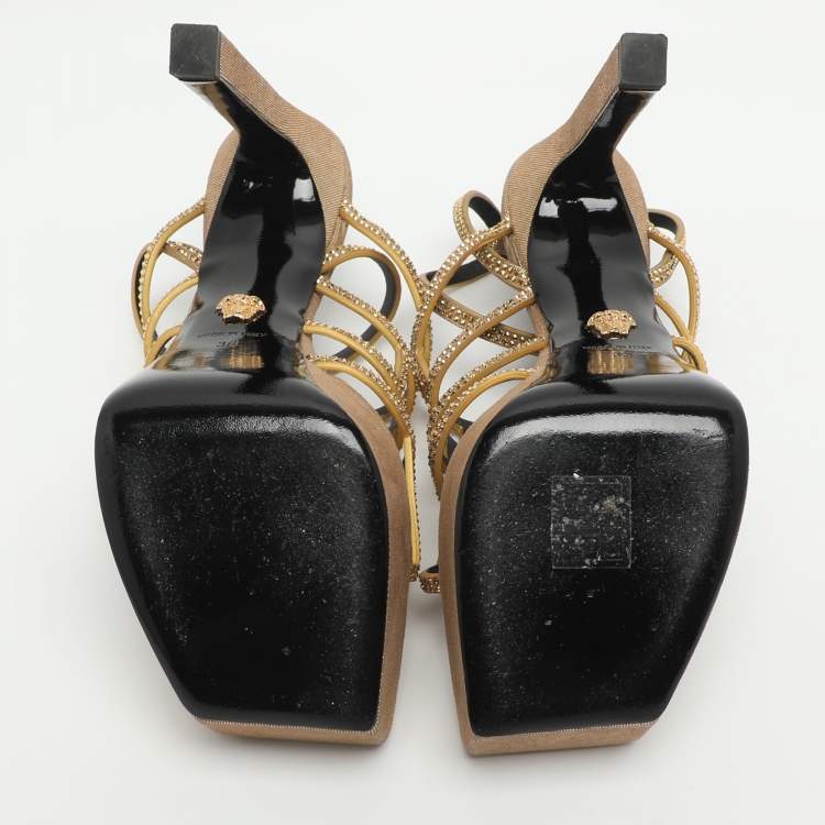 Pre Owned Versace Greca Maze Size 38 Gold Leather and Rhinestone Platform Sandals