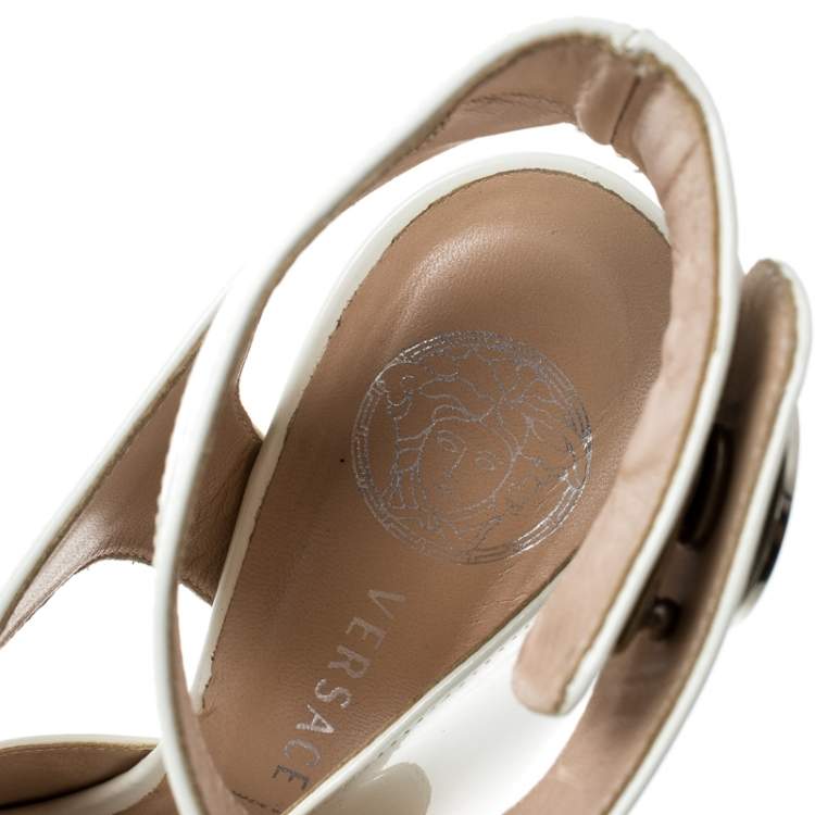 Pre Owned Versace White Leather Peep Toe Cutout Ankle Strap Sandals Size 35.5