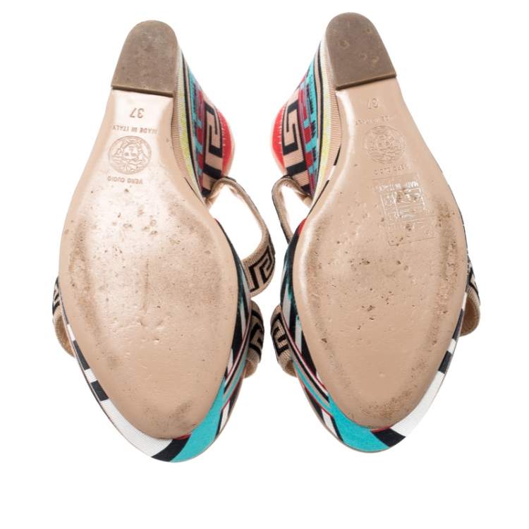 Pre Owned Versace Beige Printed Canvas Wedge Platform Sandals Size 37