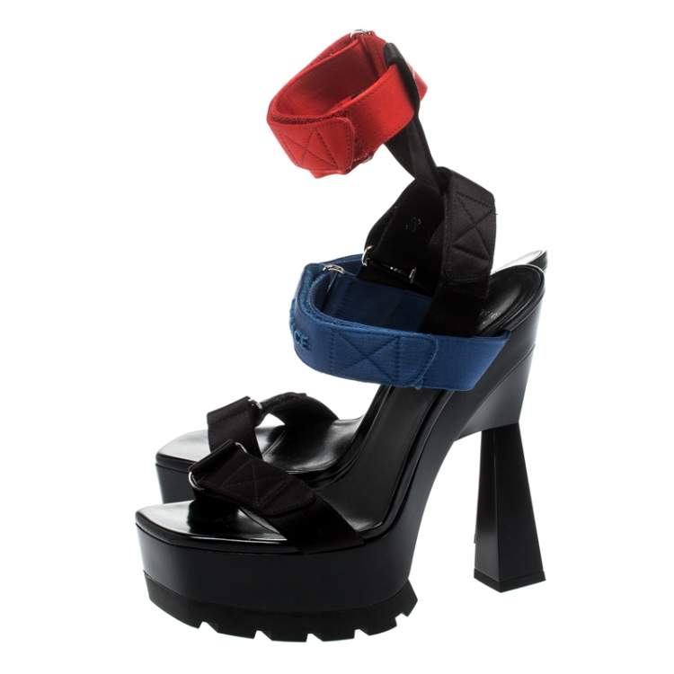 Pre Owned Versace Multicolor Satin Band Velcro Strap Platform Sandals Size 38