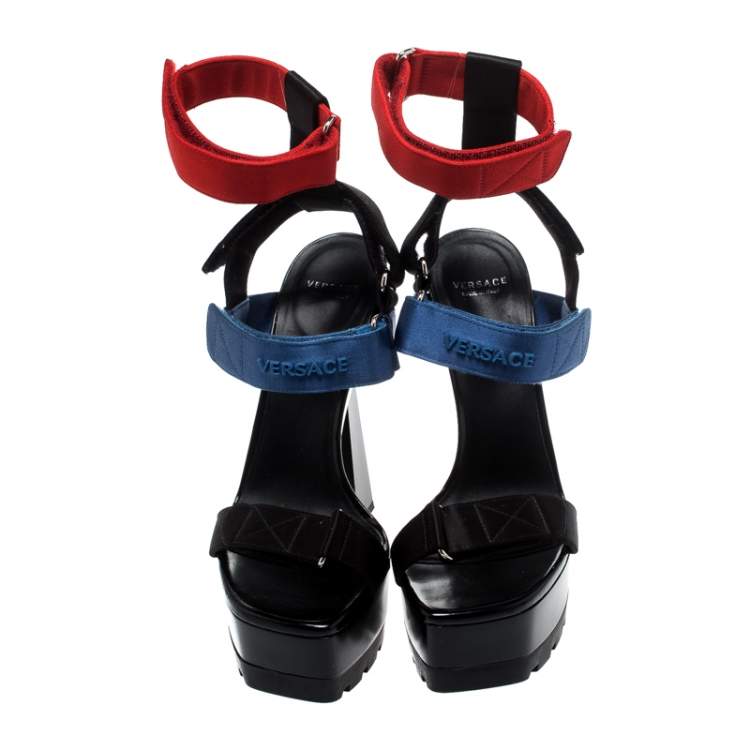 Pre Owned Versace Multicolor Satin Band Velcro Strap Platform Sandals Size 38