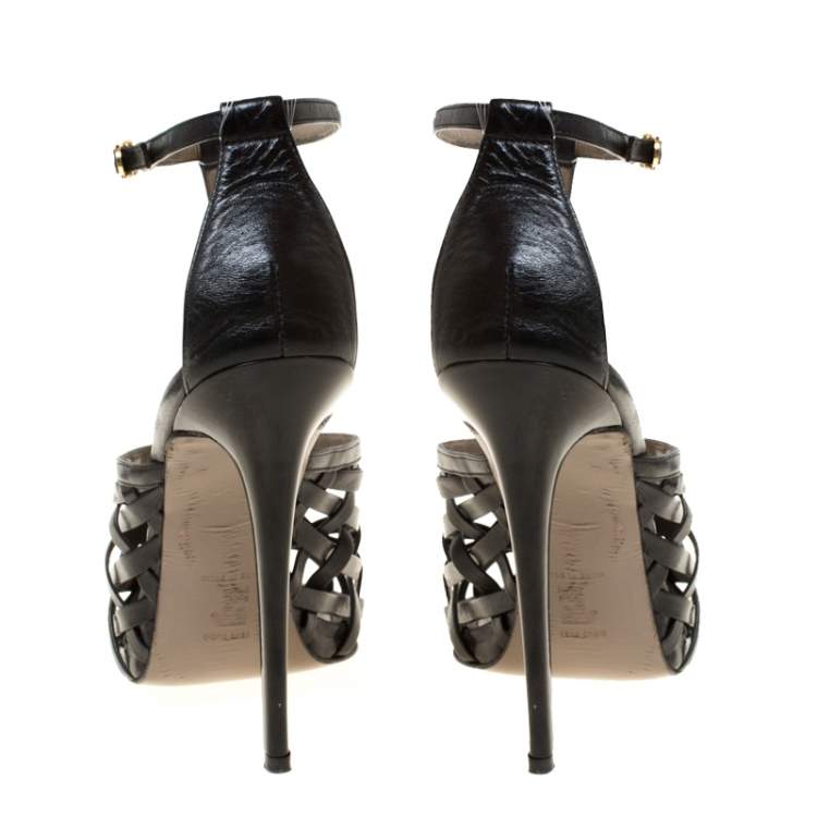 Pre Owned Versace Black Leather Strappy Sandals Size 41