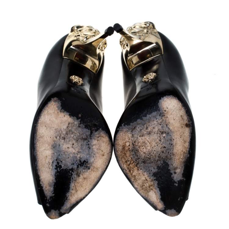 Pre Owned Versace Black Leather Peep Toe Medusa Heel Pumps Size 35.5
