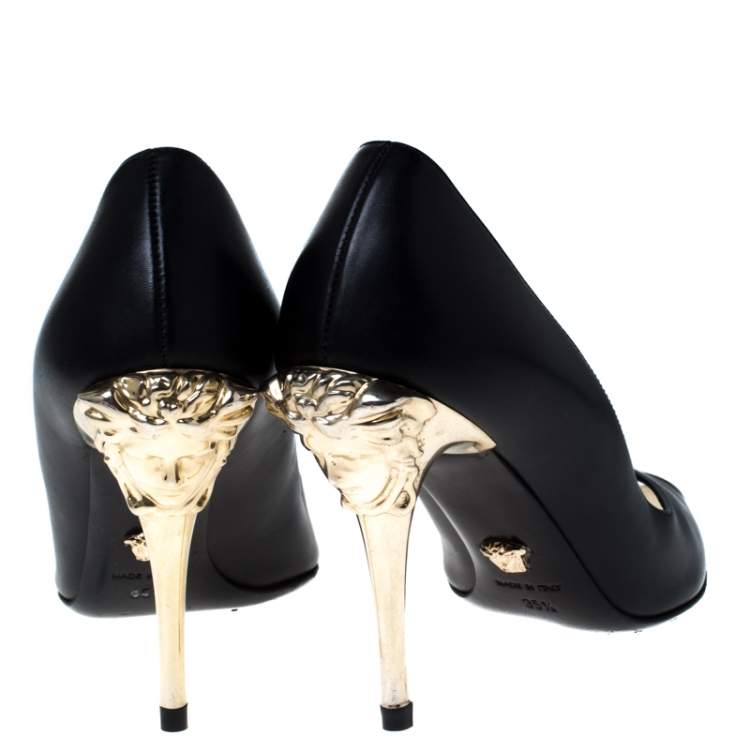 Pre Owned Versace Black Leather Peep Toe Medusa Heel Pumps Size 35.5