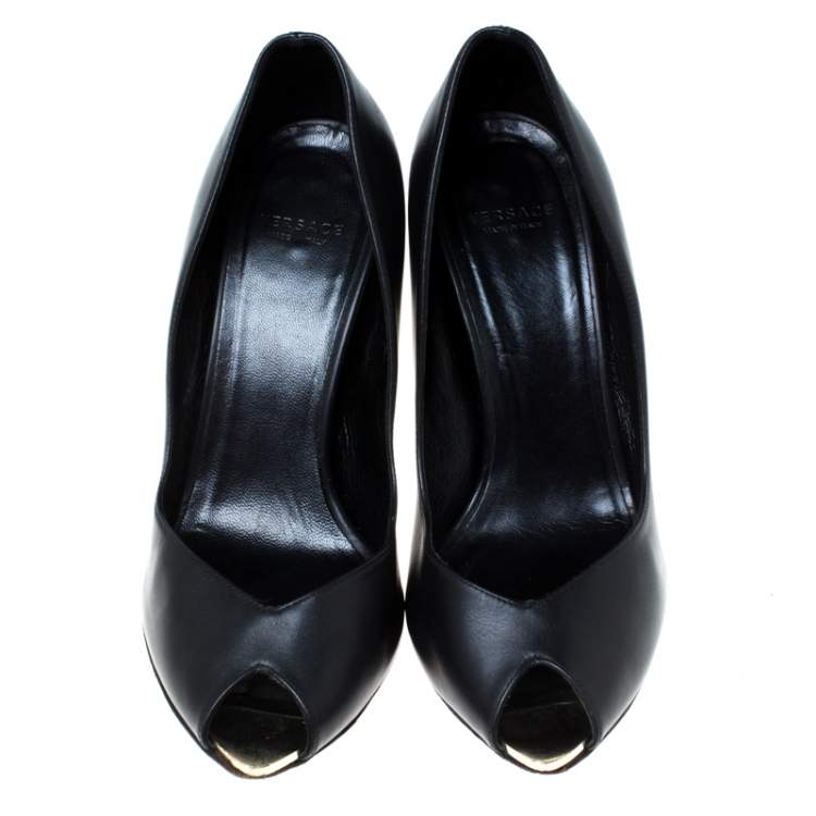 Pre Owned Versace Black Leather Peep Toe Medusa Heel Pumps Size 35.5