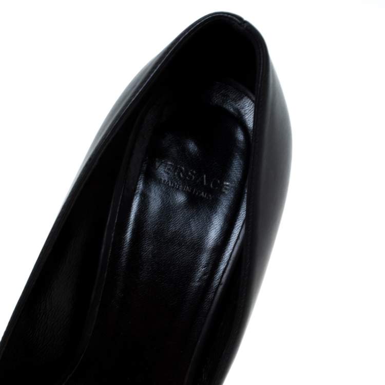 Pre Owned Versace Black Leather Peep Toe Medusa Heel Pumps Size 35.5