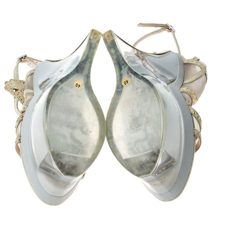 Pre Owned Versace Cream Suede Emebllished Cut Out Ankle Strap Wedge Platform Sandals Size 40