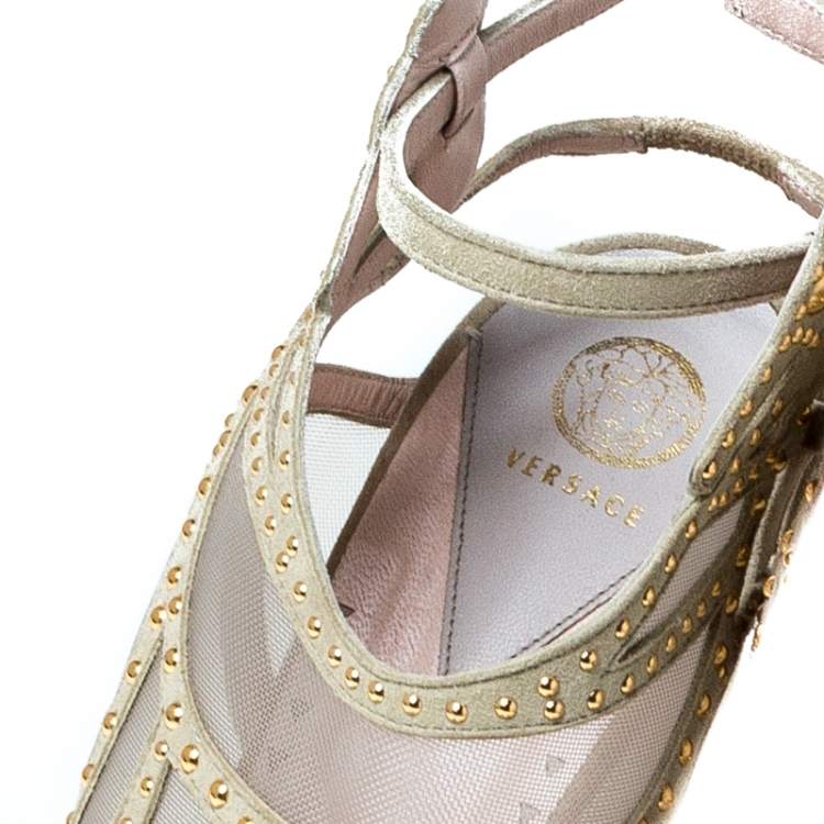Pre Owned Versace Cream Suede Emebllished Cut Out Ankle Strap Wedge Platform Sandals Size 40