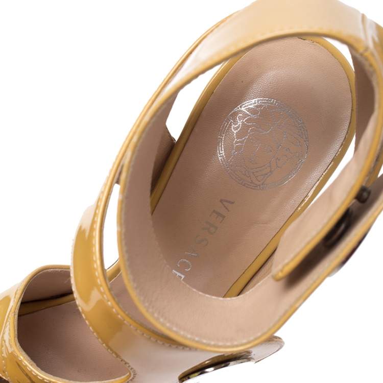 Pre Owned Versace Mustard Patent Leather Cutout Open Toe Ankle Cuff Sandals Size 37.5