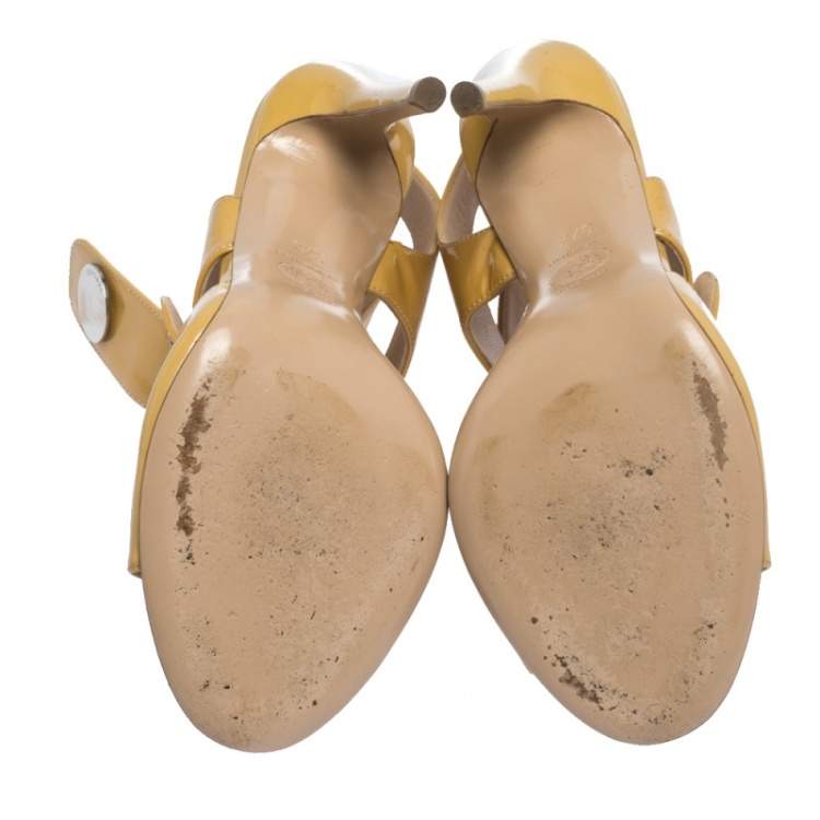 Pre Owned Versace Mustard Patent Leather Cutout Open Toe Ankle Cuff Sandals Size 37.5