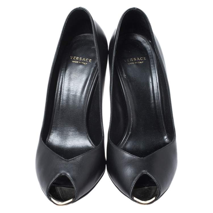 Pre Owned Versace Black Leather Peep Toe Medusa Heel Pumps Size 37