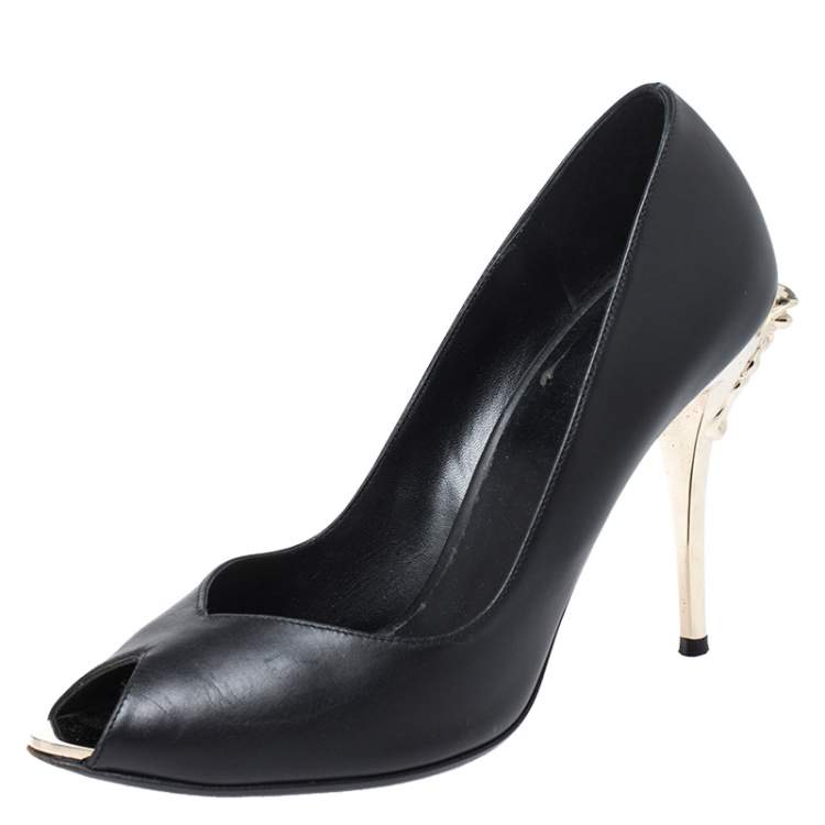black leather peep toe heels