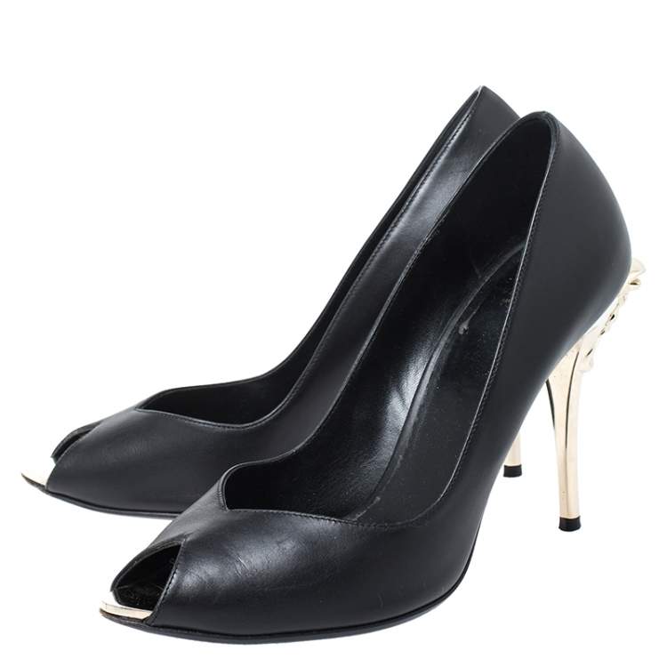 Pre Owned Versace Black Leather Peep Toe Medusa Heel Pumps Size 37