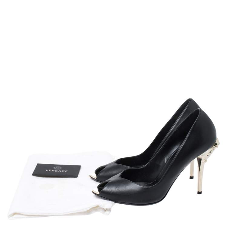 Pre Owned Versace Black Leather Peep Toe Medusa Heel Pumps Size 37
