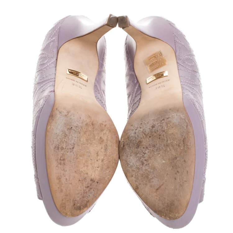 Pre Owned Versace Lilac Embroidered Leather Peep Toe Platform Pumps Size 38.5