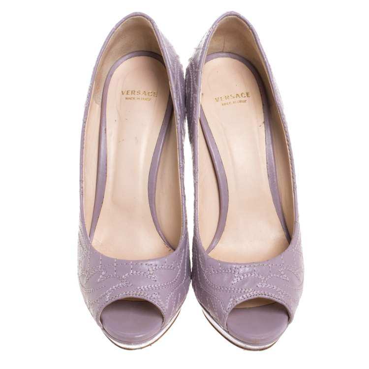 Pre Owned Versace Lilac Embroidered Leather Peep Toe Platform Pumps Size 38.5