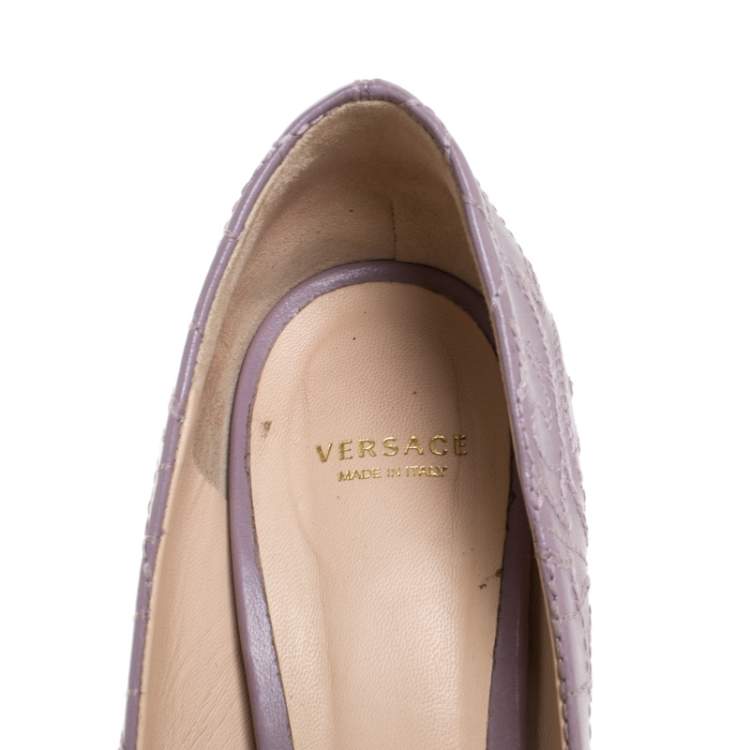 Pre Owned Versace Lilac Embroidered Leather Peep Toe Platform Pumps Size 38.5