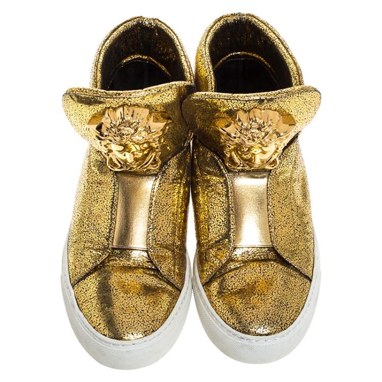 Pre Owned Versace Metallic Gold Crackle Leather Medusa High Top Sneakers Size 40