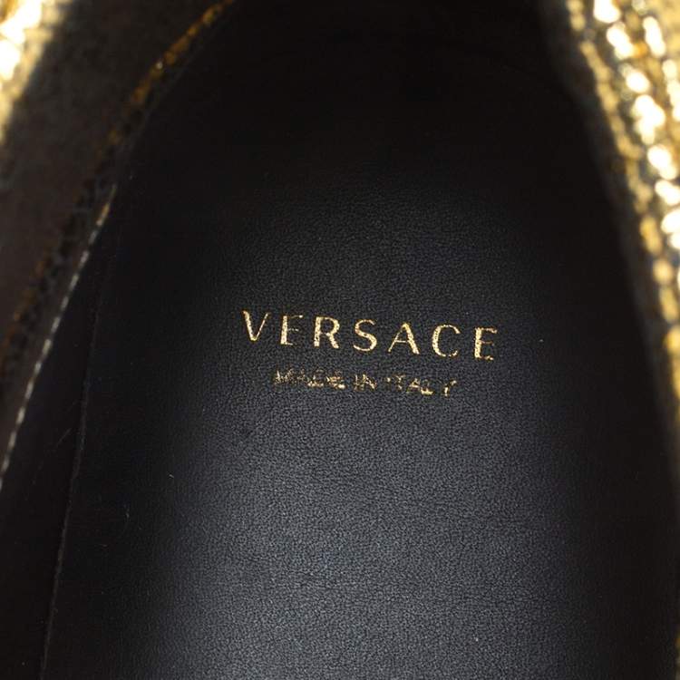 Pre Owned Versace Metallic Gold Crackle Leather Medusa High Top Sneakers Size 40