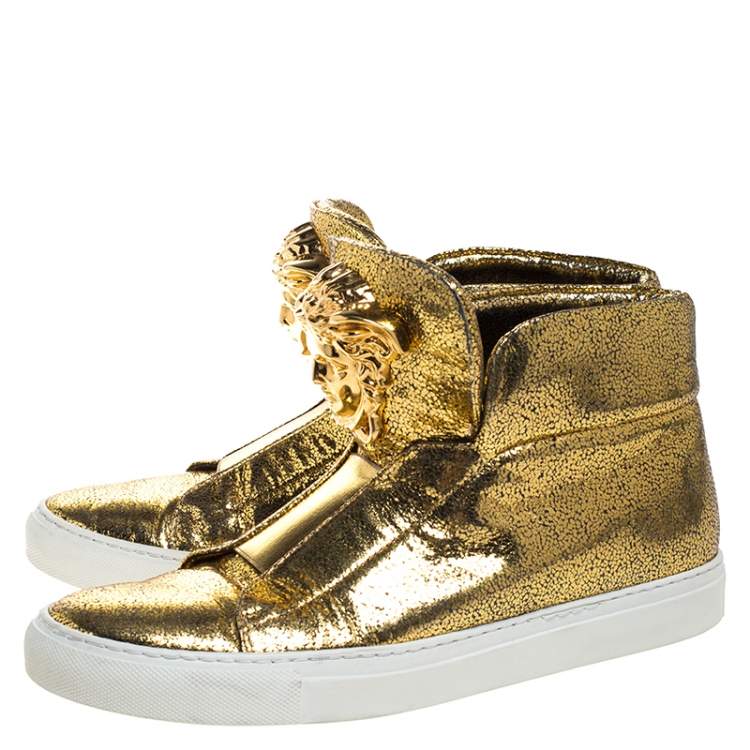Pre Owned Versace Metallic Gold Crackle Leather Medusa High Top Sneakers Size 40