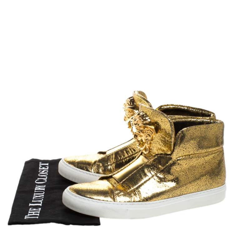 Pre Owned Versace Metallic Gold Crackle Leather Medusa High Top Sneakers Size 40
