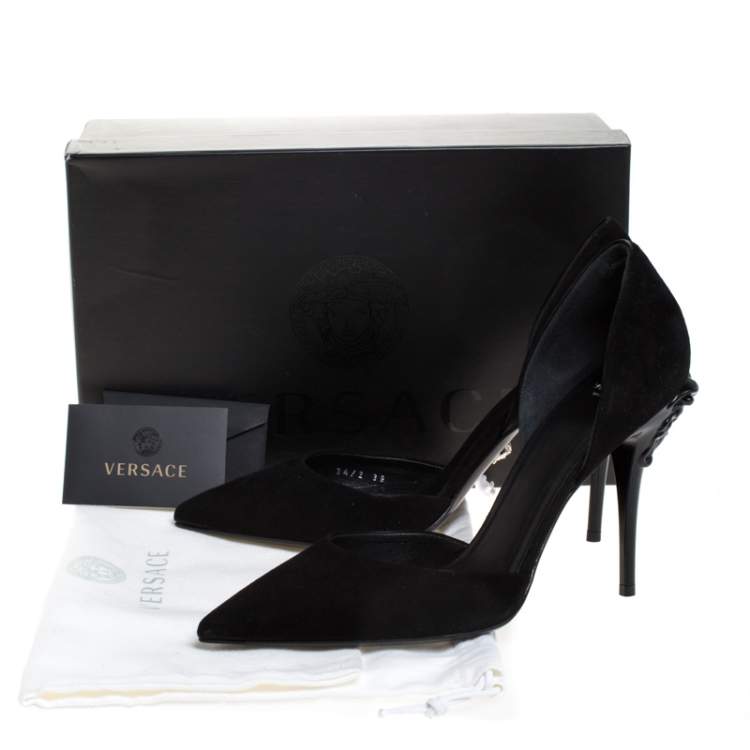 Pre Owned Versace Black Suede Leather Medusa Heel Pointed Toe Pumps Size 39