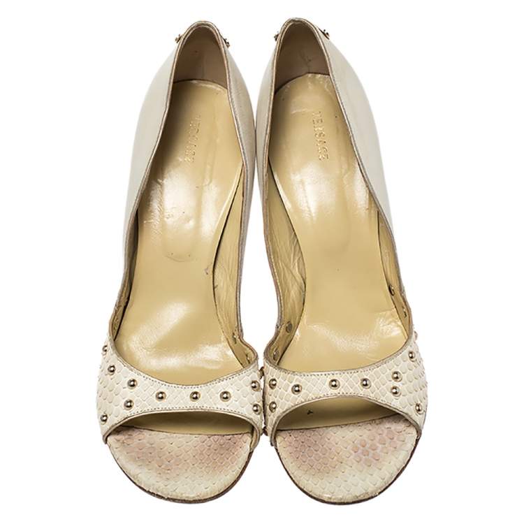 Pre Owned Versace Off-white Python And Leather Open Toe Pumps Size 40